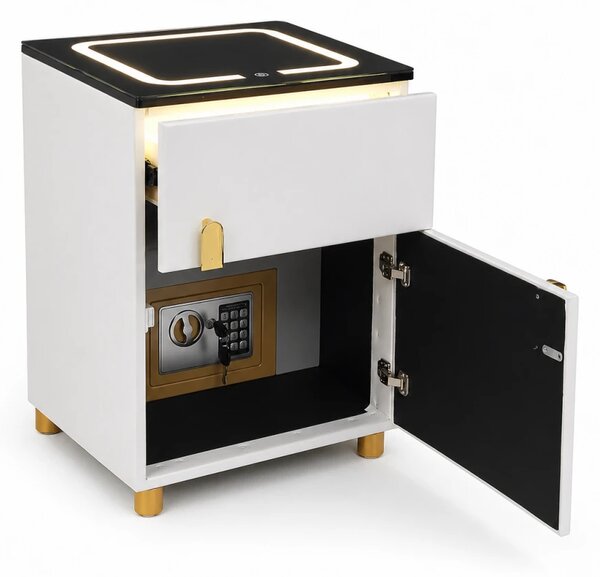 Noptieră inteligentă cu seif ascuns, spațiu depozitare, iluminare LED Touch, luminozitate reglabilă, încărcare fără fir, sticla securizata, Alb