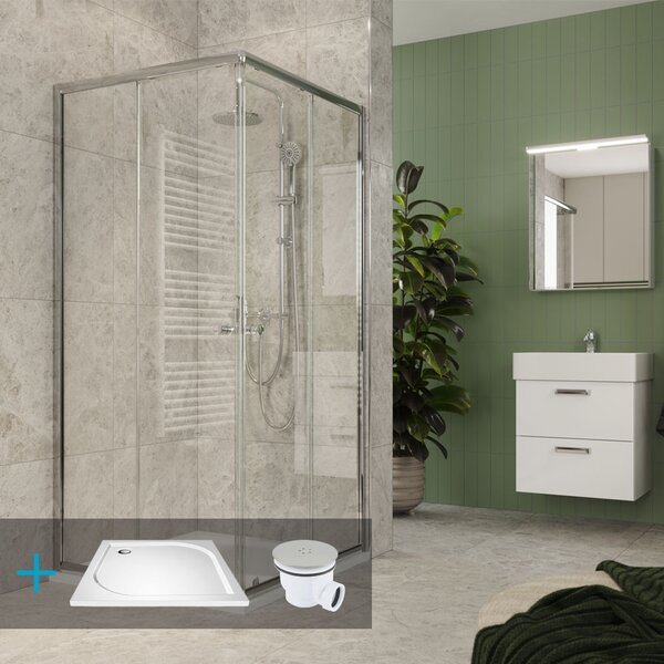 Mereo, set de duș Mereo Kora Lite: cabină de duș 80x80x185cm, aluminiu cromat, sticlă transparentă, 80 cm, cădiță de duș, sifon, MER-CK34133ZM