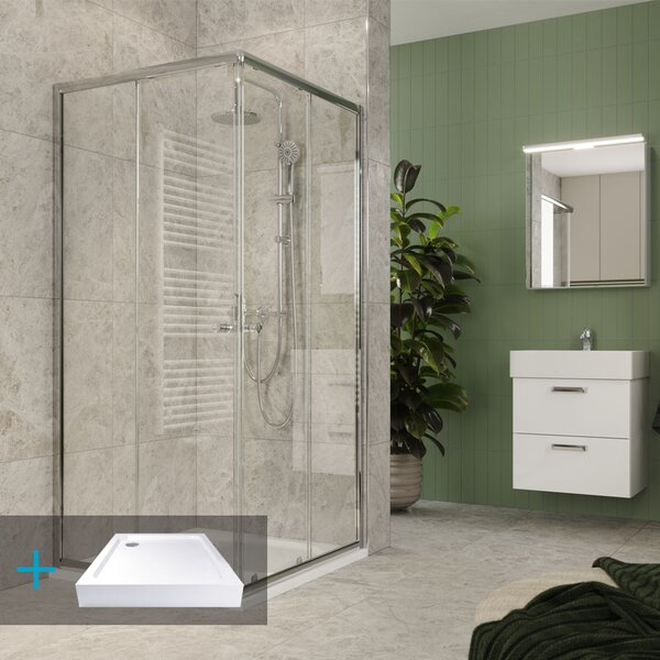 Mereo, set de duș Mereo Kora Lite: cabină de duș 80x80x185cm, aluminiu cromat, sticlă transparentă, 80 cm, cădiță de duș, sifon, MER-CK34133ZH