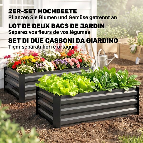 Outsunny Set de 2 Paturi Galvanizate Inaltate pentru Gradina, Cutie de Plantare Inaltata pentru Exterior, Usor de Asamblat, pentru Cultivarea Florilor