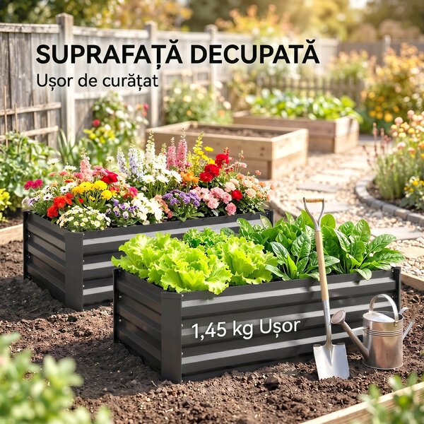 Outsunny Set de 2 Paturi Galvanizate Inaltate pentru Gradina, Cutie de Plantare Inaltata pentru Exterior, Usor de Asamblat, pentru Cultivarea Florilor