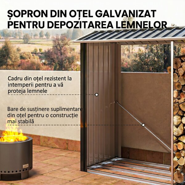 Outsunny Suport de Lemne cu Structură din Oțel Galvanizat 240x86x160cm Negru | Aosom Romania