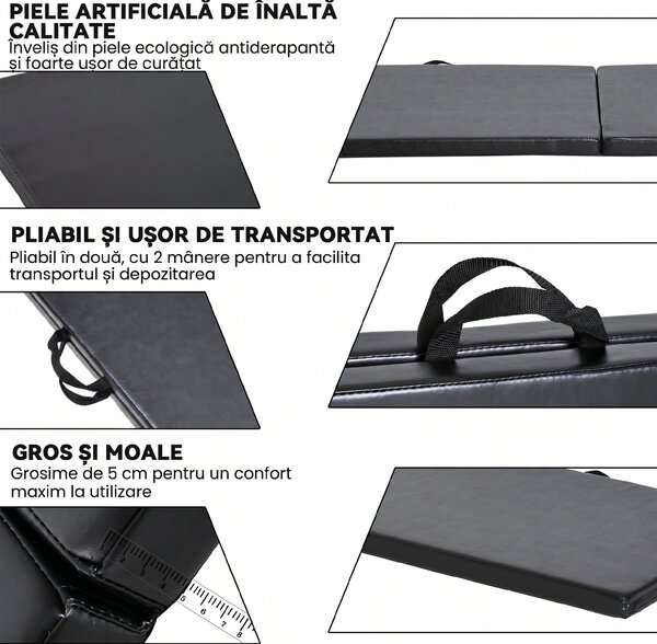 HOMCOM Tapet de Gimnastică Pliabil, Tapet Fitness Gros de 5 cm și Antialunecare, 180x60x5 cm, Negru | Aosom Romania