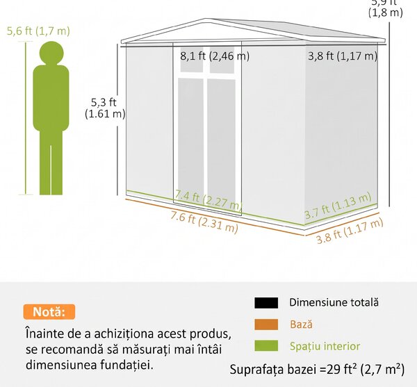 Outsunny Magazie pentru Unelte din Oțel Galvanizat cu 2 Uși, 246x117x180 cm, Gri Deschis | Aosom Romania