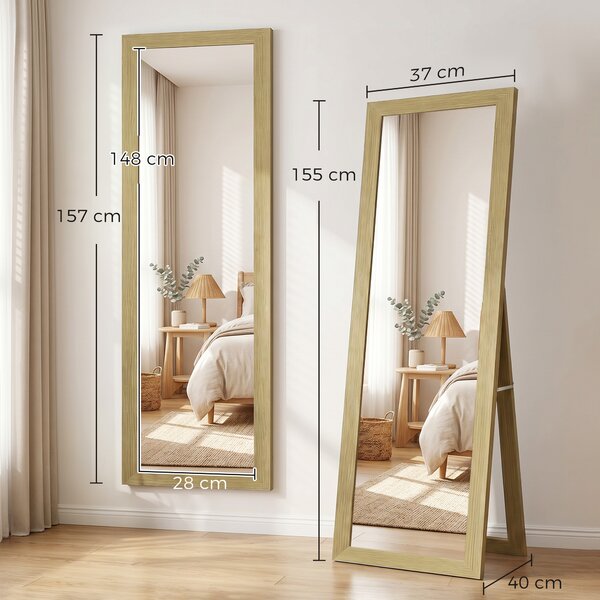HOMCOM Oglindă cu Ramă din MDF, Picioare și Cârlige pentru Utilizare pe Podea sau pe Perete, 37x40x155 cm, Lemn Natural | Aosom Romania