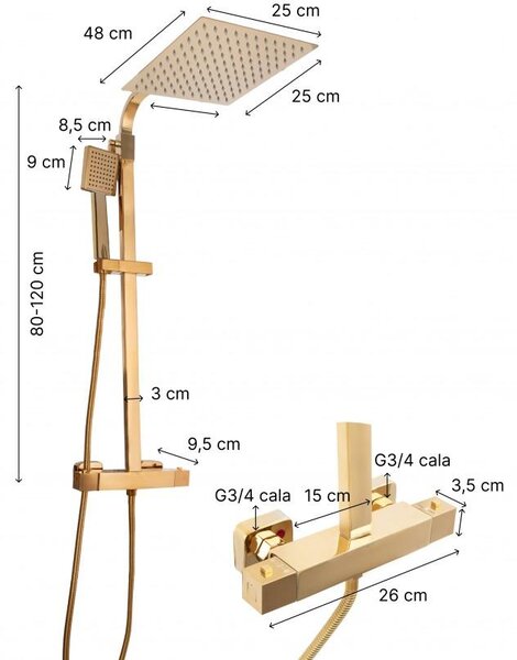 Erga Goba, set de dus cu robinet termostatic si cap de ploaie 25x25 cm, auriu lucios, ERG-YKA-BP.GOBA-THERM-25-GLD