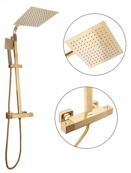 Erga Goba, set de dus cu robinet termostatic si cap de ploaie 25x25 cm, auriu lucios, ERG-YKA-BP.GOBA-THERM-25-GLD