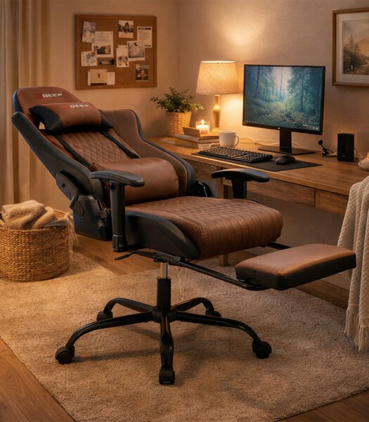Scaun de gaming ergonomic cu suport pentru picioare și funcție de reclinare - piele ecologică maro