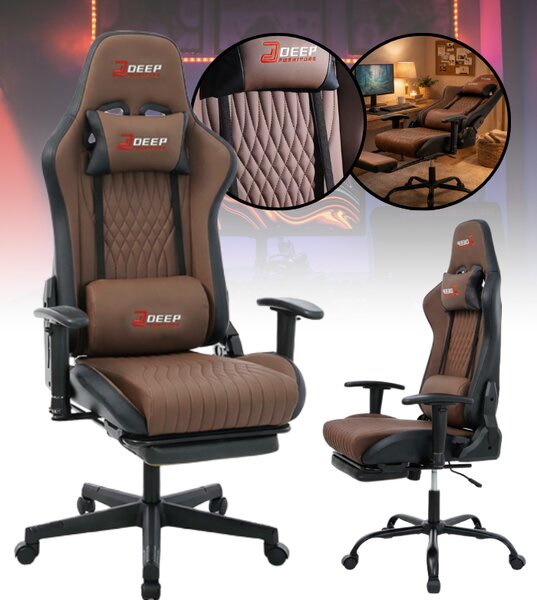 Scaun de gaming ergonomic cu suport pentru picioare și funcție de reclinare - piele ecologică maro