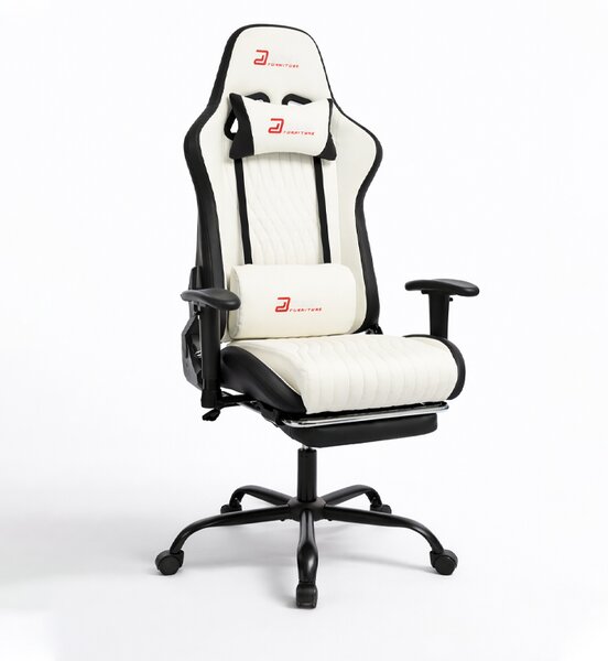 Scaun de gaming ergonomic cu suport pentru picioare și funcție de reclinare - piele ecologică albă