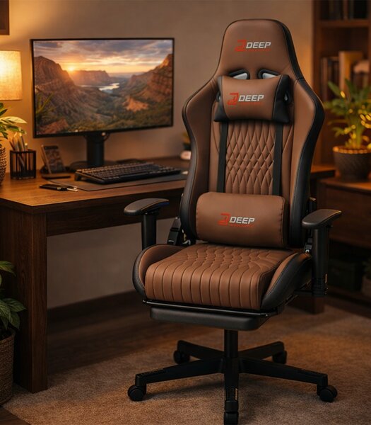 Scaun de gaming ergonomic cu suport pentru picioare și funcție de reclinare - piele ecologică maro