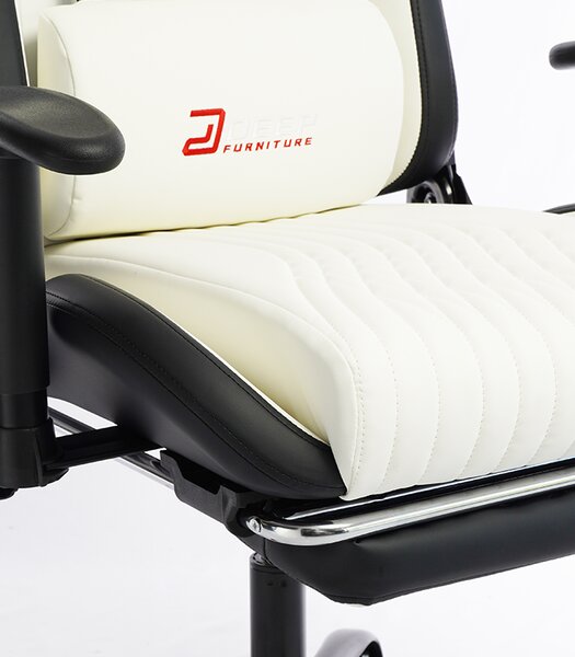 Scaun de gaming ergonomic cu suport pentru picioare și funcție de reclinare - piele ecologică albă