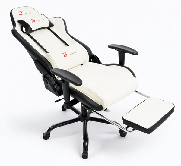 Scaun de gaming ergonomic cu suport pentru picioare și funcție de reclinare - piele ecologică albă
