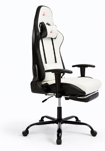 Scaun de gaming ergonomic cu suport pentru picioare și funcție de reclinare - piele ecologică albă