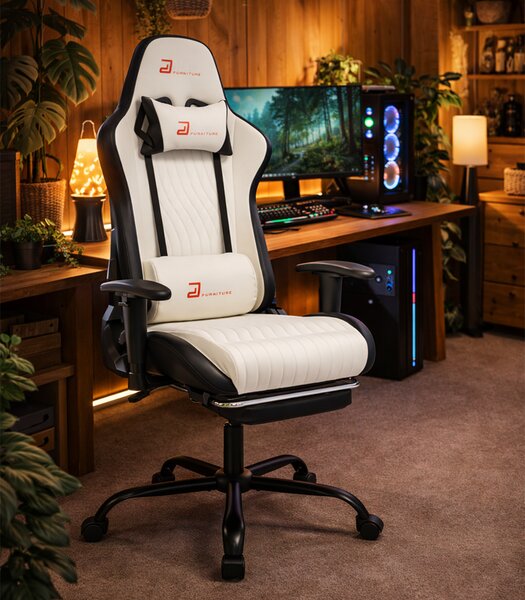 Scaun de gaming ergonomic cu suport pentru picioare și funcție de reclinare - piele ecologică albă