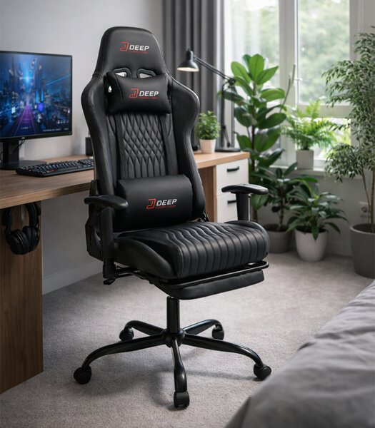 Scaun de gaming ergonomic cu suport pentru picioare și funcție de reclinare - piele ecologică neagră