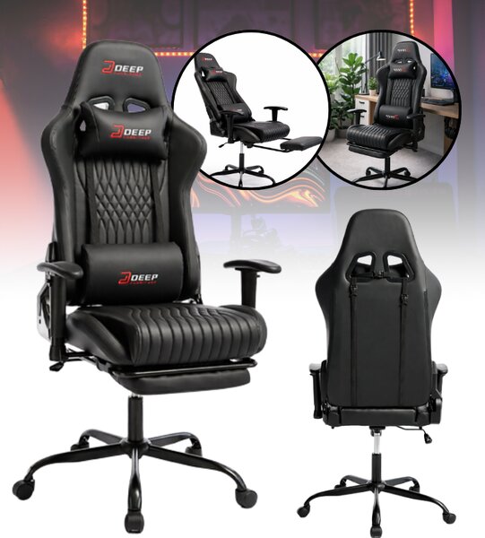Scaun de gaming ergonomic cu suport pentru picioare și funcție de reclinare - piele ecologică neagră