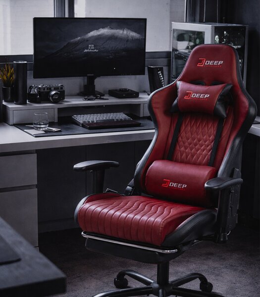 Scaun de gaming ergonomic cu suport pentru picioare și funcție de reclinare - piele ecologică burgundy
