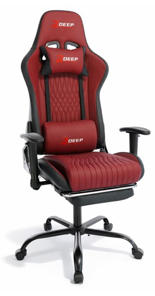 Scaun de gaming ergonomic cu suport pentru picioare și funcție de reclinare - piele ecologică burgundy