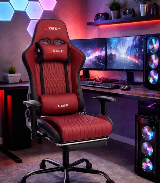 Scaun de gaming ergonomic cu suport pentru picioare și funcție de reclinare - piele ecologică burgundy