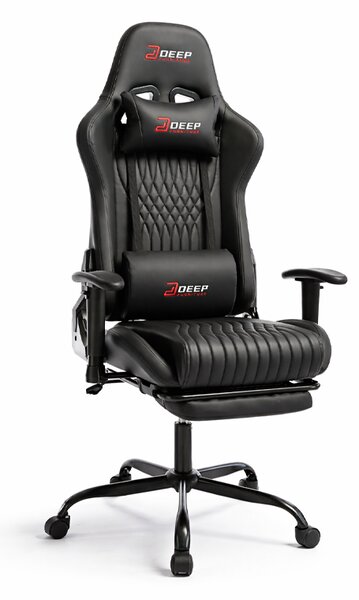 Scaun de gaming ergonomic cu suport pentru picioare și funcție de reclinare - piele ecologică neagră