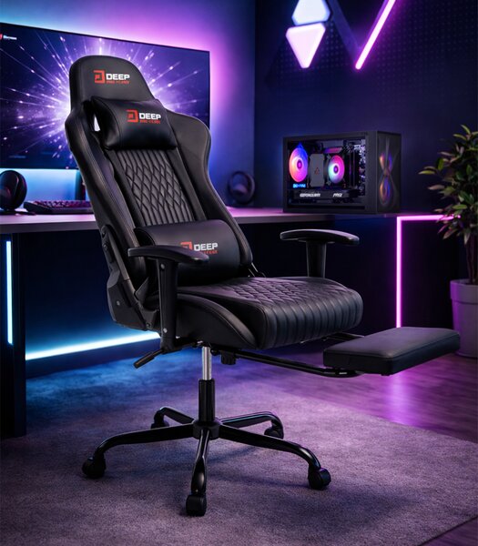 Scaun de gaming ergonomic cu suport pentru picioare și funcție de reclinare - piele ecologică neagră