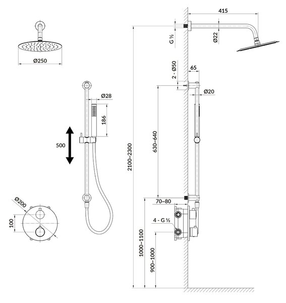Cersanit Zen set de duș ascuns cu termostat cu duș de ploaie cupru S952-050