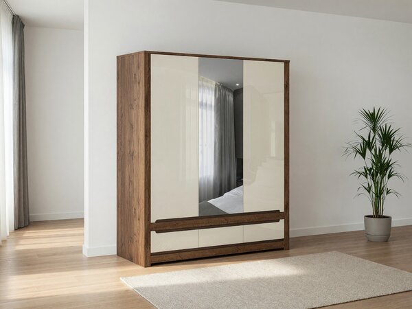 Dulap Ophevaru 114, Crem lucios, April stejar, 205x179x61cm, 186 kg, Uși dulap: Cu balamale, Numărul de rafturi: 5, Numărul de rafturi: 5