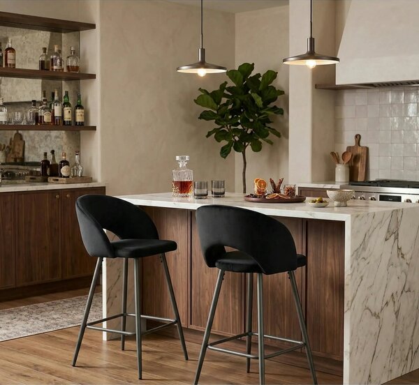 Scaun bar 65 cm H96, negru - HLR 66, stofa catifelata/otel
