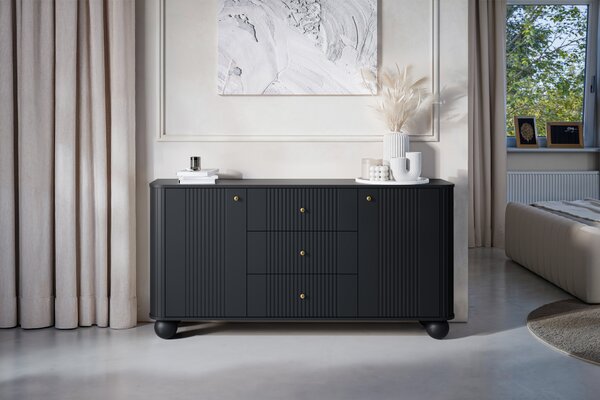 Comodă cu sertare Vesper 160 cm pe picioare sferice - negru / mânere aurii / picioare sferice
