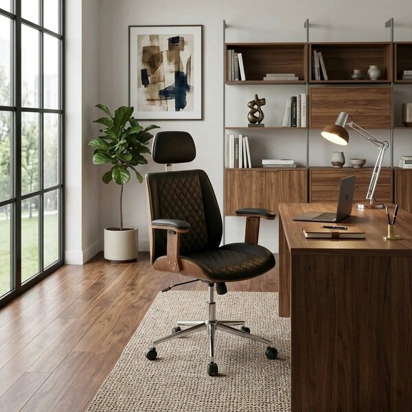 Scaun birou TIMBER, nuc/negru, piele ecologica/placaj indoit, 72x68x11