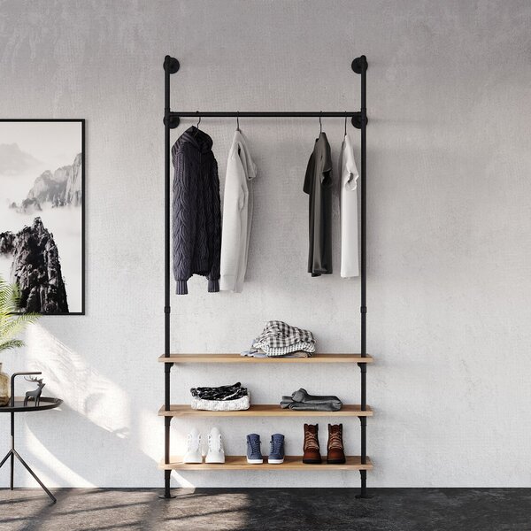 Cuier in stil industrial cu rafturi, Austerfield, 105x220x20 cm, negru/nuc