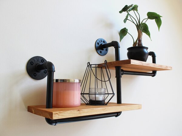 Raft de perete in stil industrial, Snaith, 71x36x20 cm, negru/nuc