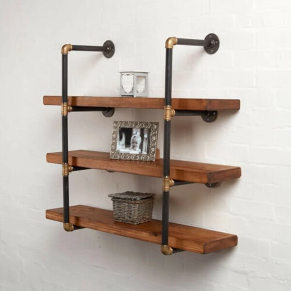 Raft de perete in stil industrial, Rossbeg, 90x90x20 cm, auriu/negru/nuc