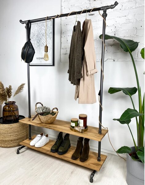 Cuier in stil industrial cu rafturi, Harwell, 130x175x30 cm, negru/nuc