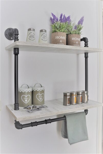 Raft de baie cu portprosop in stil industrial, Netherthorpe, 60x60x20 cm, negru/alb antichizat