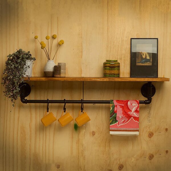 Raft de bucatarie in stil industrial, Errill, 60x25x20cm, negru/nuc