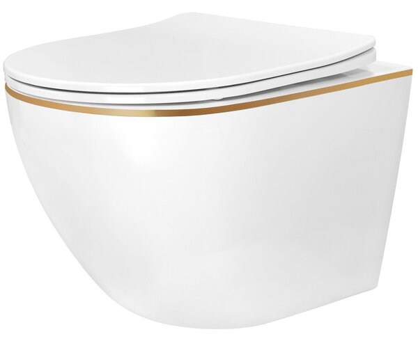 Rea Carlo Mini Tornado NF, vas WC suspendat 490x365x350mm + capac WC, margine alb-aurie, REA-C6806