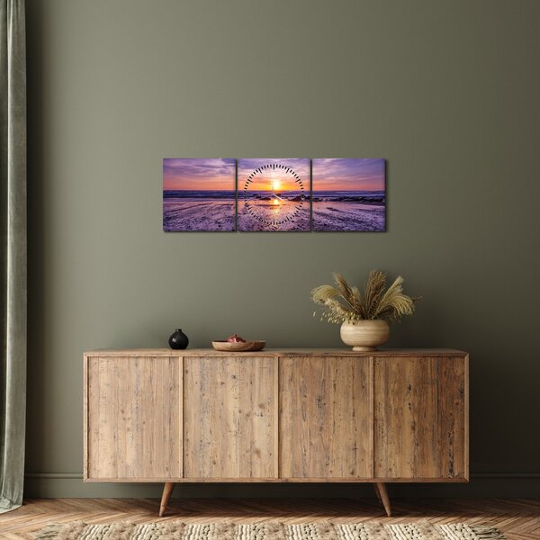 Tabloul cu plaja - apus de soare (cu ceas) (90x30 cm)