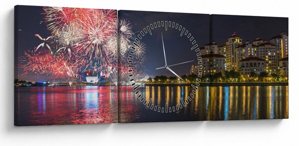 Tablou cu artificii in Singapur (cu ceas) (90x30 cm)