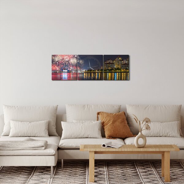 Tablou cu artificii in Singapur (cu ceas) (90x30 cm)