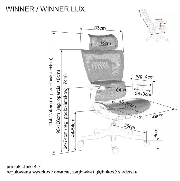 Scaun de birou WINNER LUX, negru/crom, plasa/metal, 64x51x114 cm