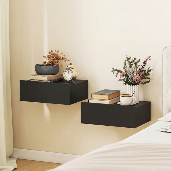 HOMCOM Set de 2 Noptiere Suspendate cu Sertar, 40x30x15 cm, Negru | Aosom Romania