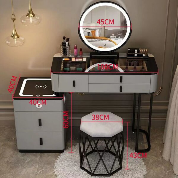 Set MIRANDA, Masă de toaletă pentru machiaj cu oglindă iluminată LED, control touch, comoda, scaun, Difuzor Bluetooth, zona încărcare fără fir, port de încărcare USB, Gri