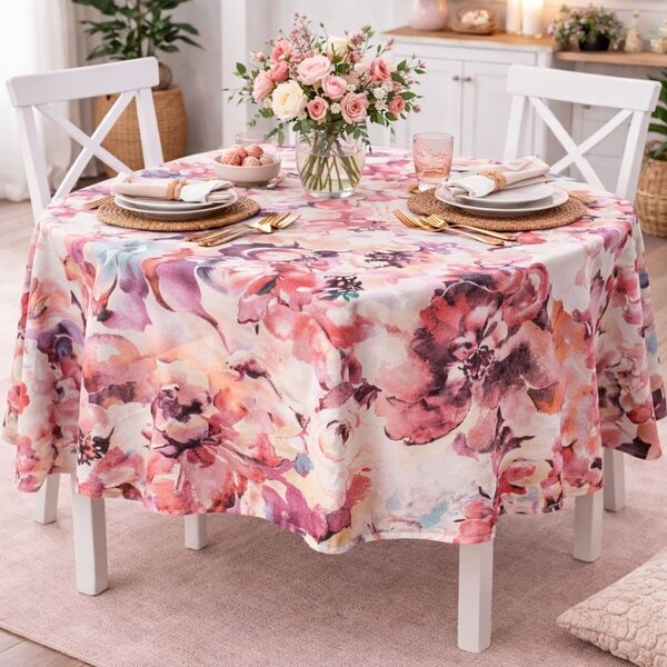 Fata de masa teflonata, rotunda, diametru 140cm, flori pictate