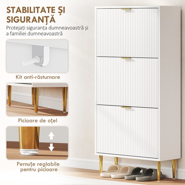 HOMCOM Dulap de pantofi pentru 18 perechi de pantofi cu 3 sertare rabatabile Alb | Aosom Romania