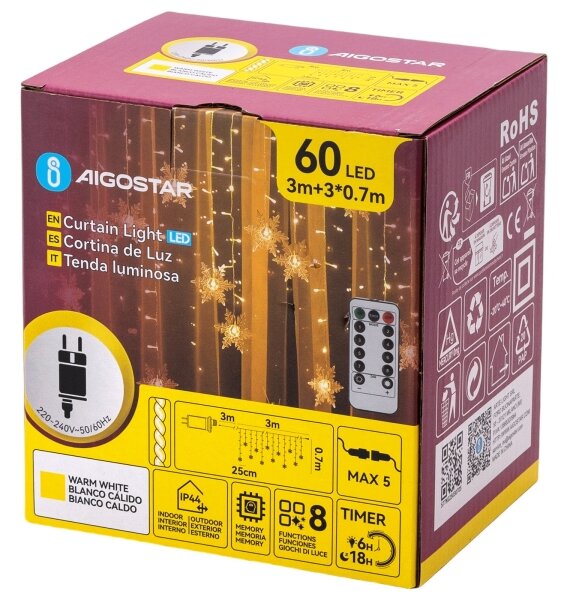 Aigostar - Ghirlandă LED de Crăciun pentru exterior 120 LED/6 W/230 V/8 funcții 3 x 0,7 m IP44 alb cald + telecomandă