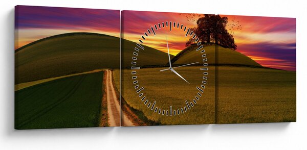 Tablou câmpului cu apus de soare (cu ceas) (90x30 cm)