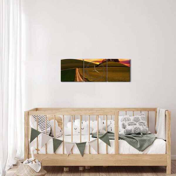 Tablou câmpului cu apus de soare (cu ceas) (90x30 cm)