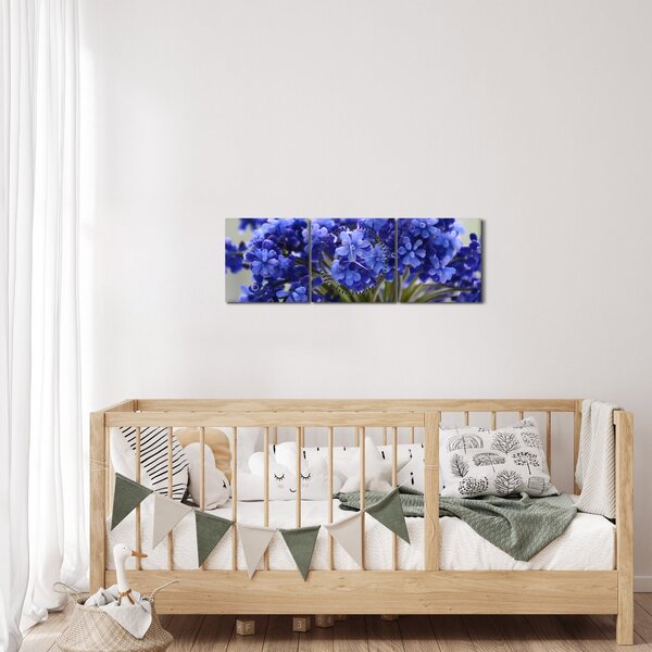 Tablou buchet cu flori albastre (cu ceas) (90x30 cm)